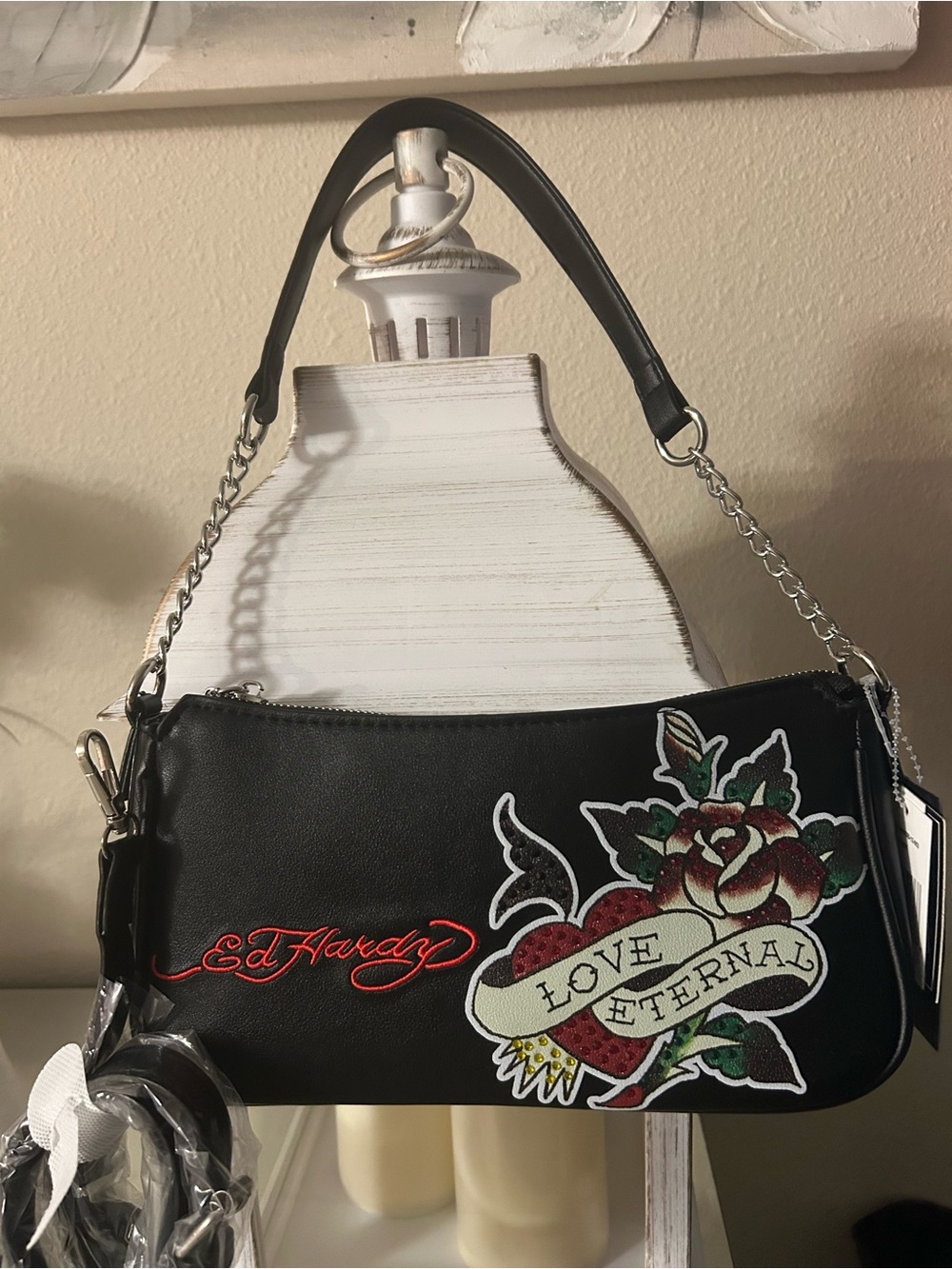 Ed Hardy Black crossbody Bag with Red Script and Floral Patch